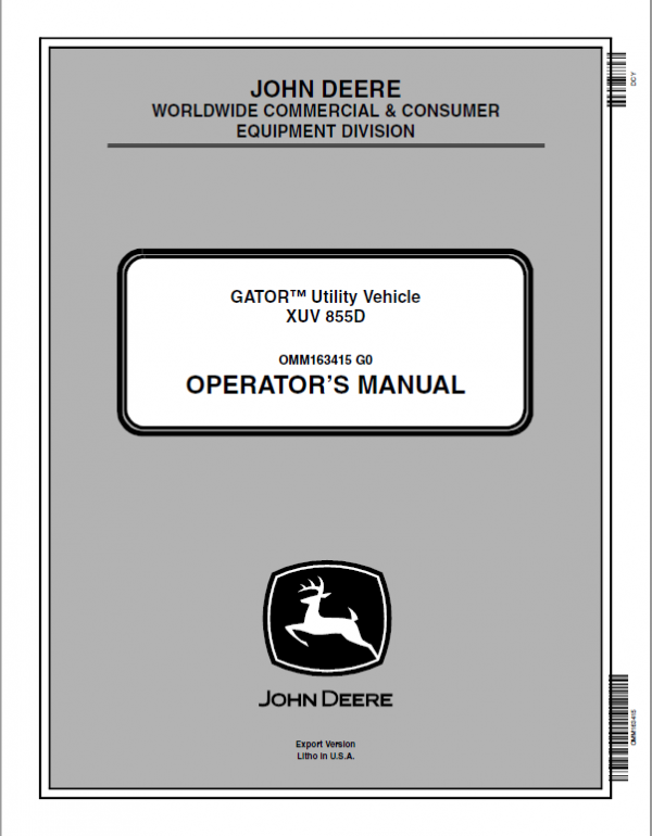 John Deere XUV855D Gator Utility Vehicle Repair Technical Manual (TM107219) Workshop Guide