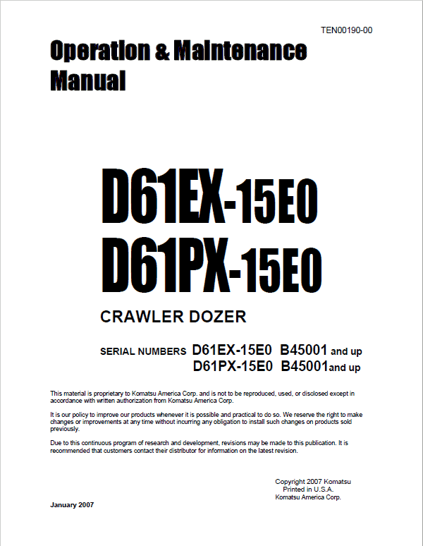 Komatsu D61EX-15E0, D61PX-15E0 Dozer Service Manual Workshop Guide