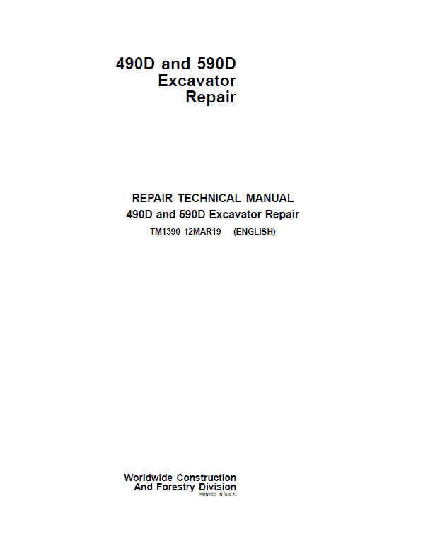 John Deere 490D, 590D Excavators Repair Technical Manual Workshop Guide