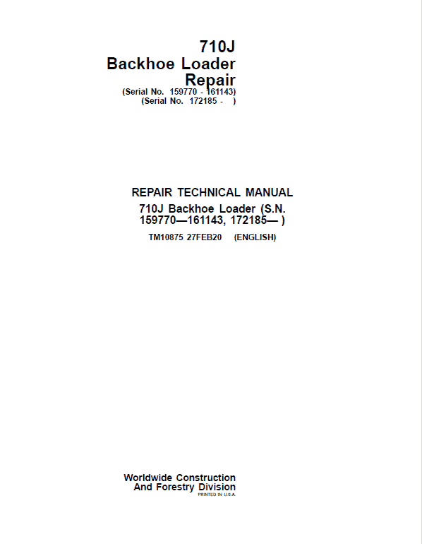 John Deere 710J Backhoe Loader Technical Manual (S.N 159770 – 161143 and after 172185 – ) Workshop Guide