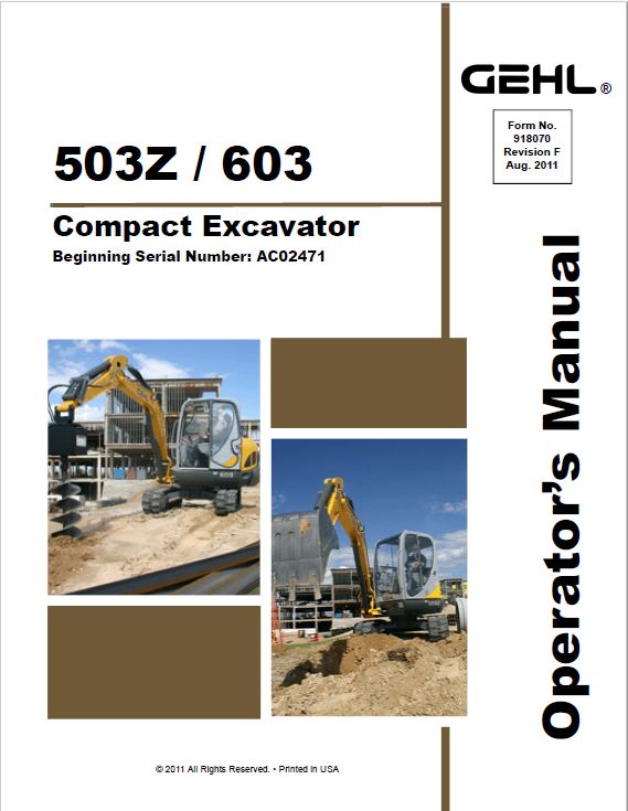 Gehl GE 503Z, GE 603 Mini Excavator Repair Service Manual