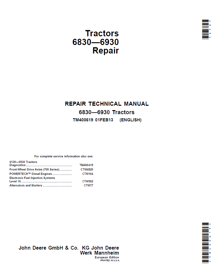 John Deere 6830, 6930 Tractors (EU) Service Repair Manual Workshop Guide