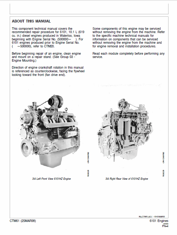John Deere 6101 Diesel Engine (S.N after 500000 – ) Technical Manual (CTM61) Workshop Guide