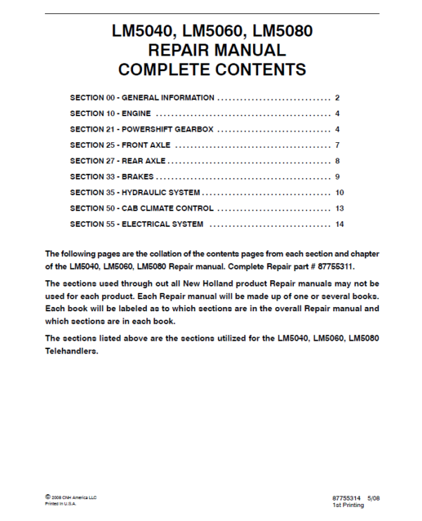 New Holland LM5040, LM5060, LM5080 Telehandlers Service Repair Manual Workshop Guide