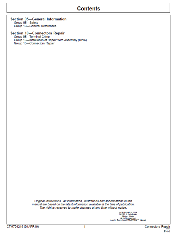 John Deere Connectors Repair Component Technical Manual (CTM704219) Workshop Guide