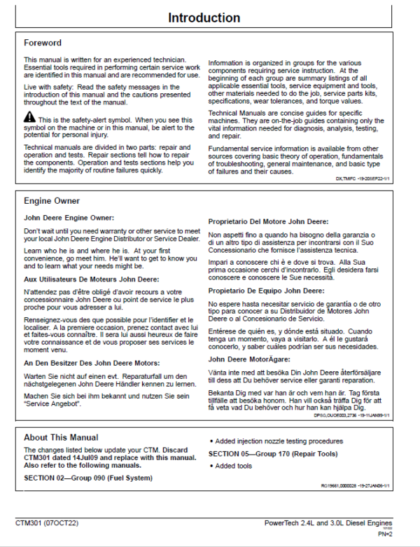 John Deere 2.4L & 3.0L Diesel Engines Repair Technical Manual (CTM301) Workshop Guide
