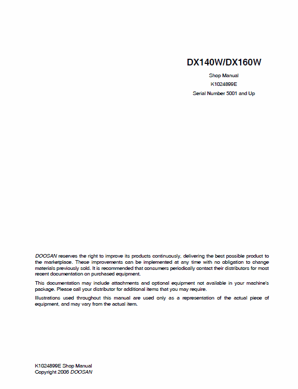 Doosan Daewoo DX140W, DX160W Excavator Service Manual Workshop Guide
