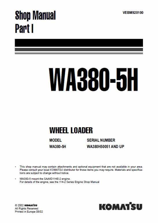 Komatsu WA380-5, WA380-5H Wheel Loader Service Manual Workshop Guide