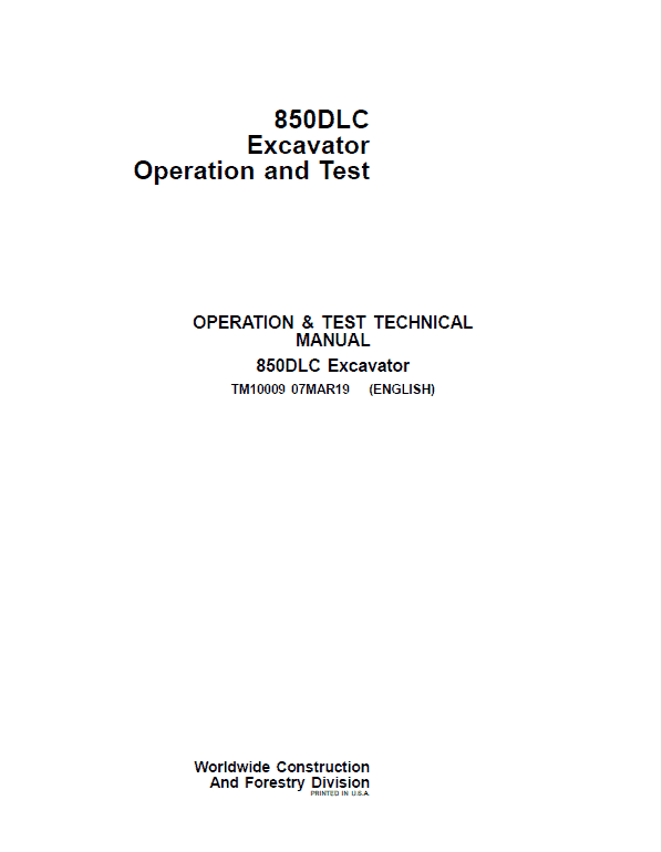 John Deere 850DLC Excavator Repair Technical Manual Workshop Guide