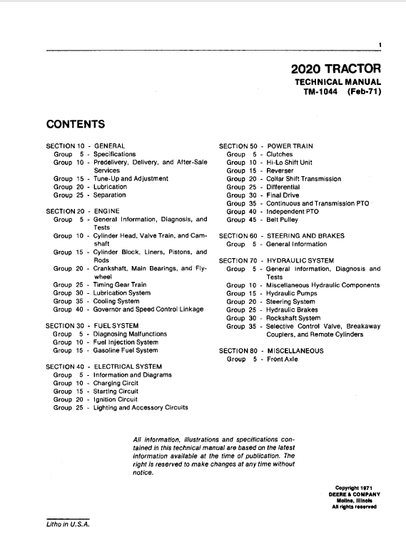 John Deere 2020 Tractor Technical Manual (SN. from 117500 -) Workshop Guide
