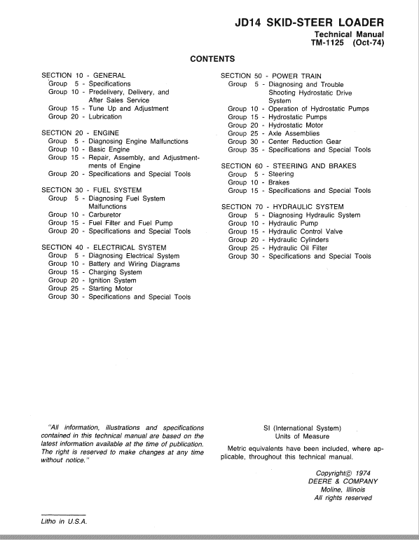 John Deere JD14 SkidSteer Loader Repair Technical Manual (TM1125) Workshop Guide