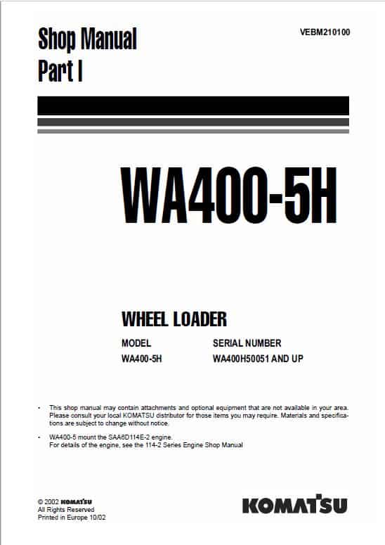 Komatsu WA400-5 Wheel Loader Service Manual Workshop Guide