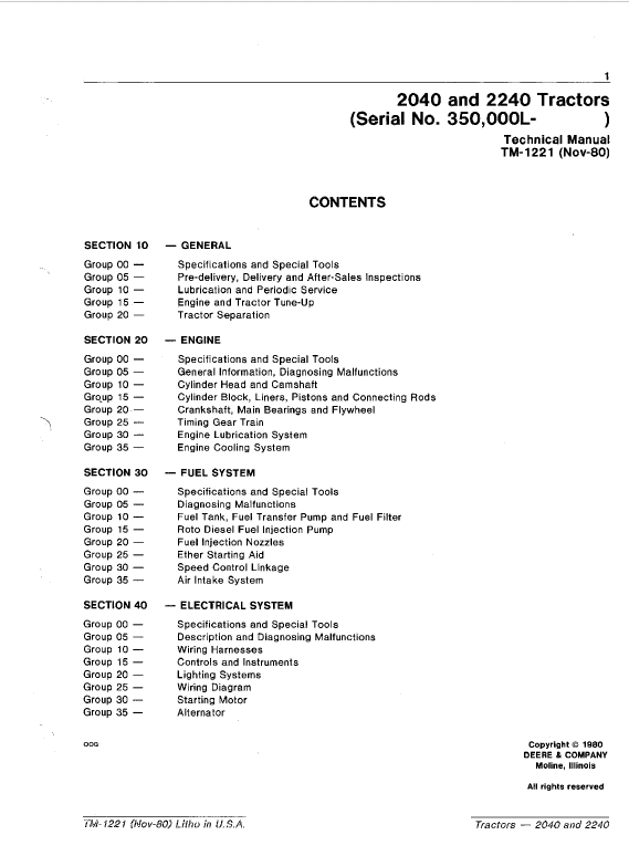 John Deere 2040, 2240 Tractors Repair Technical Manual Workshop Guide