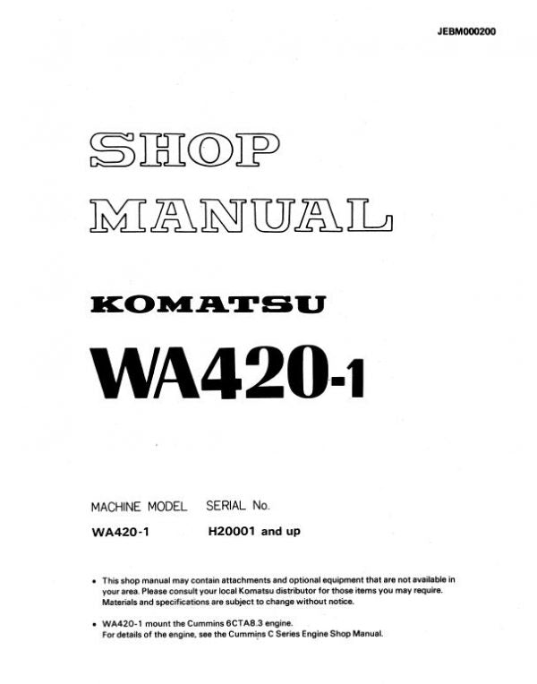 Komatsu WA420-1 Wheel Loader Service Manual Workshop Guide