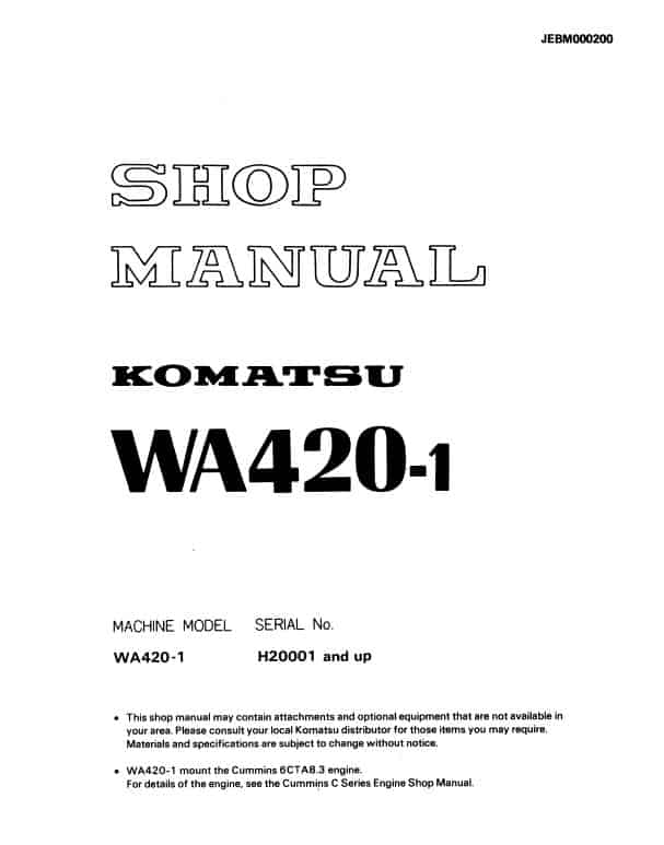 Komatsu WA420-1 Wheel Loader Service Manual Workshop Guide