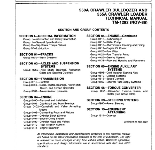 John Deere 550A, 555A Crawler Bulldozer Loader Technical Manual Workshop Guide