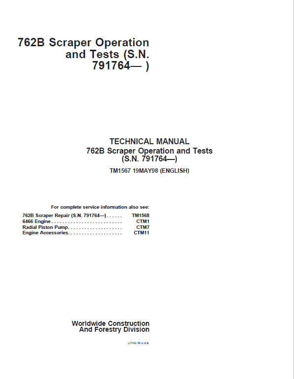 John Deere 762B Scraper Repair Technical Manual (S.N after 791764) Workshop Guide
