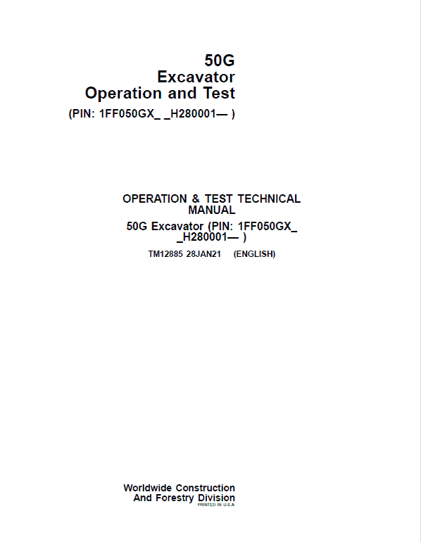 John Deere 50G Excavator Repair Technical Manual (S.N after H280001 – ) Workshop Guide