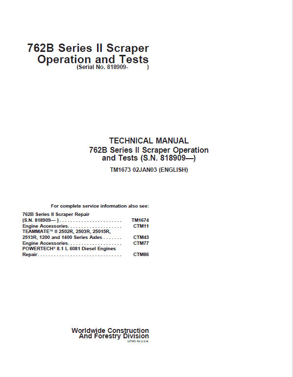 John Deere 762B Series II Scraper Repair Technical Manual (S.N after 818909) Workshop Guide