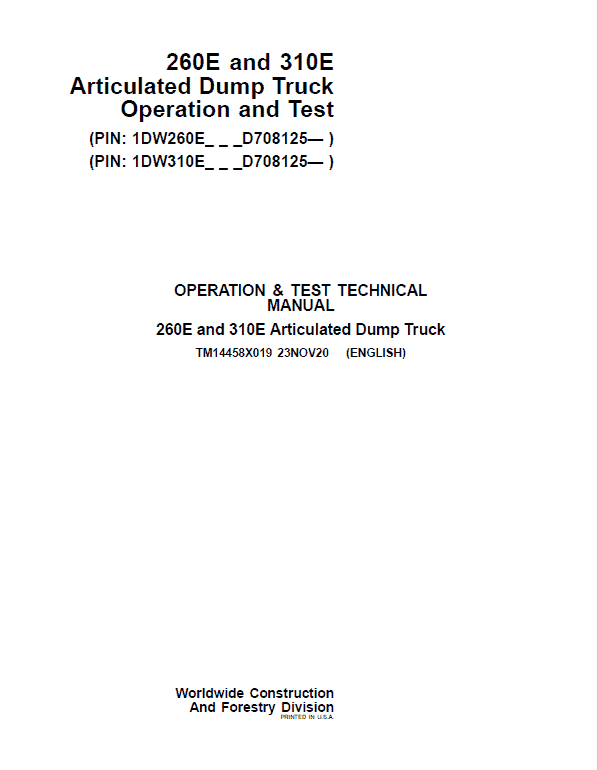 John Deere 260E, 310E Articulated Dump Truck Technical Manual (S.N. D708125 – ) Workshop Guide