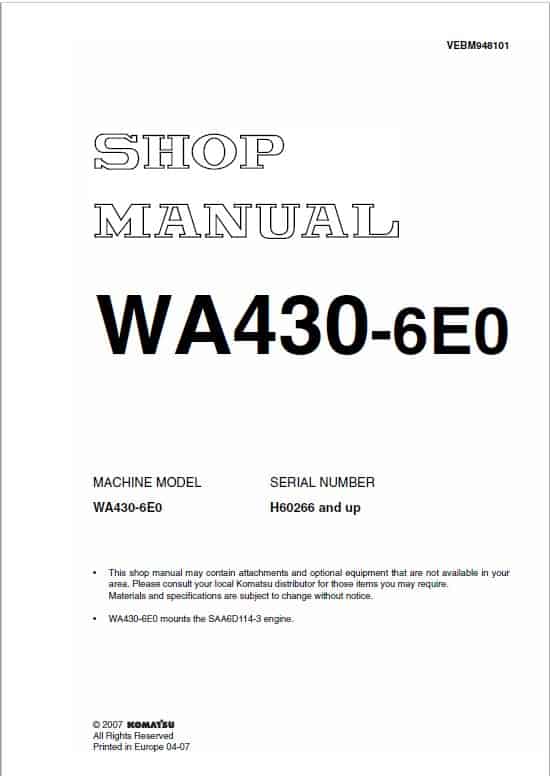 Komatsu WA430-6, WA430-6E0 Wheel Loader Service Manual Workshop Guide