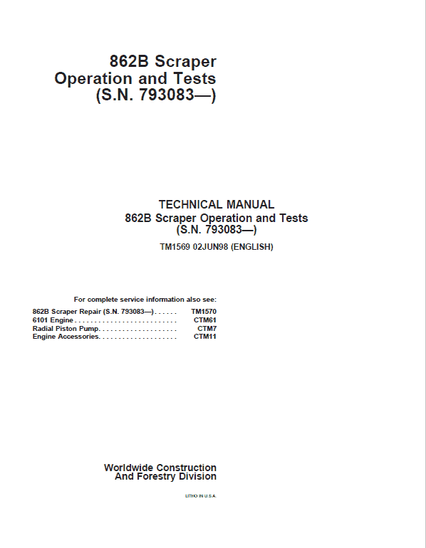 John Deere 862B Scraper Repair Technical Manual (S.N after 793083) Workshop Guide