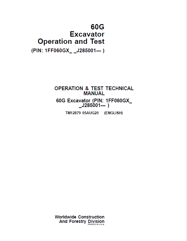 John Deere 60G Excavator Repair Technical Manual (S.N after J285001 – ) Workshop Guide