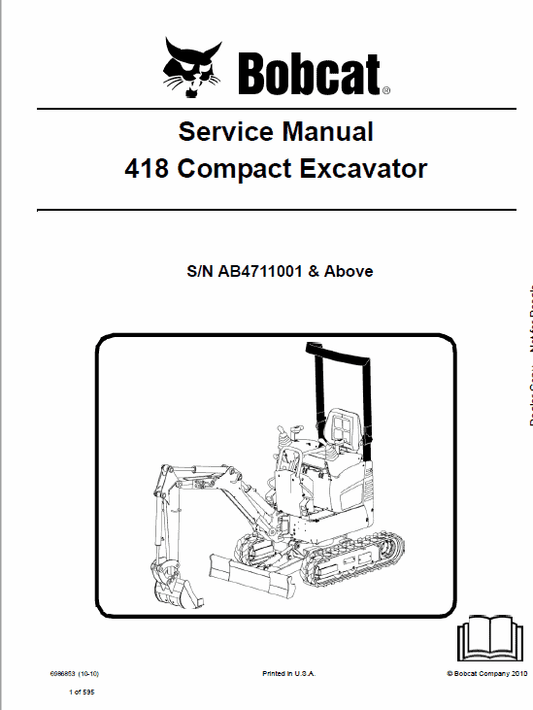 Bobcat 418 Compact Excavator Service Manual Workshop Guide