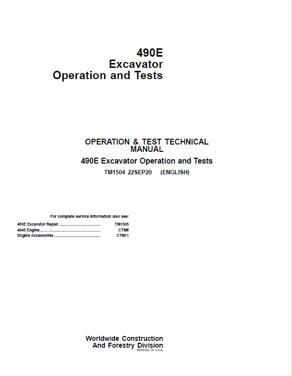 John Deere 490E Excavator Repair Technical Manual Workshop Guide