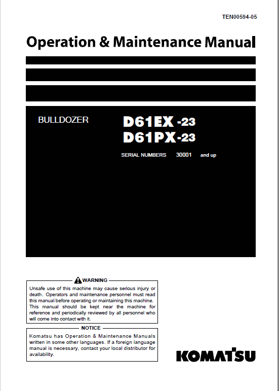 Komatsu D61EX-23, D61PX-23 Dozer Service Manual Workshop Guide