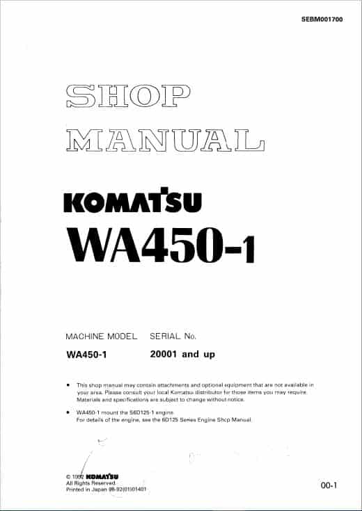 Komatsu WA450-1 Wheel Loader Service Manual Workshop Guide