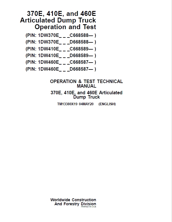 John Deere 370E, 410E, 460E Dump Truck Technical Manual (S.N. after C634583 & D668586 – ) Workshop Guide