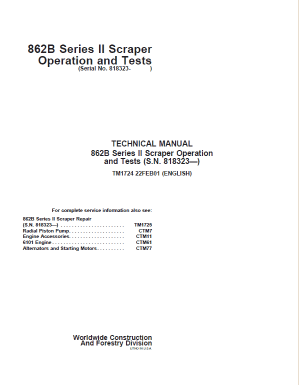 John Deere 862B Series II Scraper Repair Technical Manual (S.N after 818323) Workshop Guide