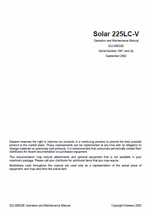 Doosan Daewoo Solar S225LC-V Excavator Service Manual Workshop Guide