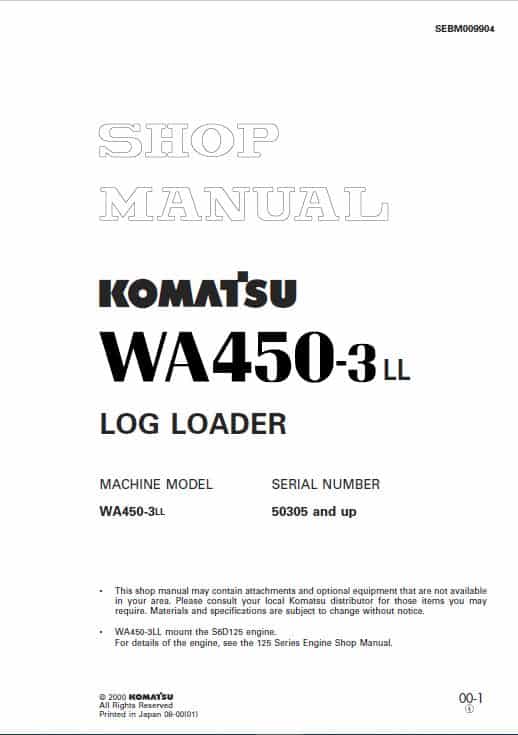 Komatsu WA450-3, WA450-3LL Wheel Loader Service Manual Workshop Guide