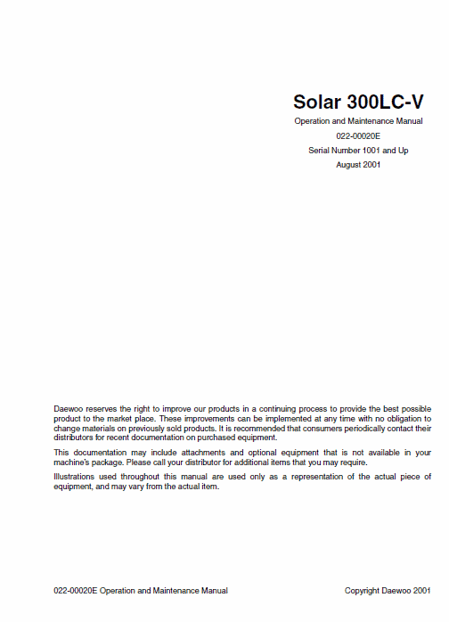Doosan Daewoo Solar S300LC-V Excavator Service Manual Workshop Guide