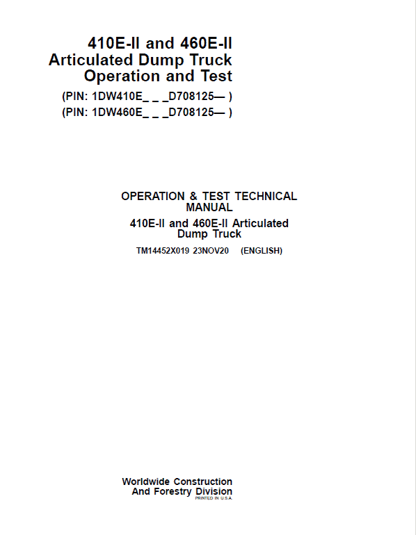 John Deere 410E II, 460E II Articulated Dump Truck Technical Manual (S.N. D708125 – ) Workshop Guide