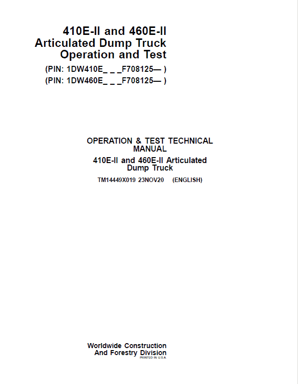 John Deere 410E II, 460E II Articulated Dump Truck Technical Manual (S.N. F708125 – ) Workshop Guide
