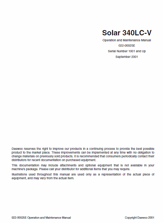 Doosan Daewoo Solar S340LC-V Excavator Service Manual Workshop Guide