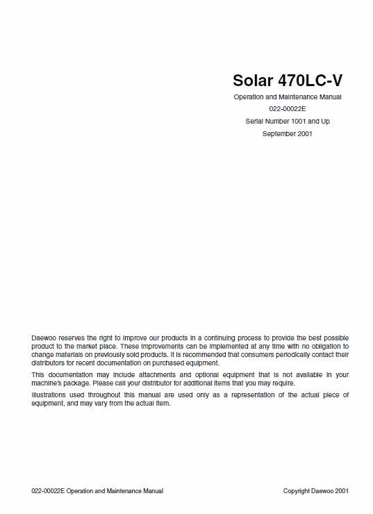 Doosan Daewoo Solar S470LC-V Excavator Service Manual Workshop Guide