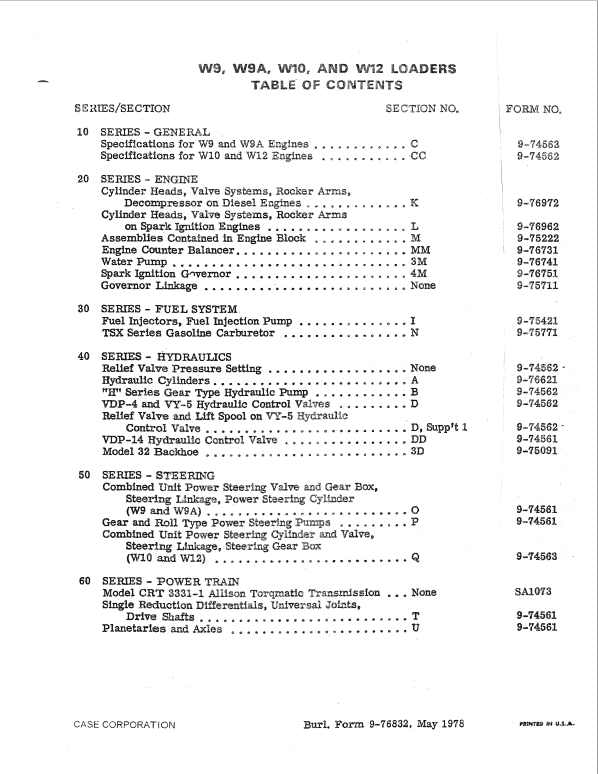 Case W8, W9, W9A, W10, W12 Loader Service Manual Workshop Guide