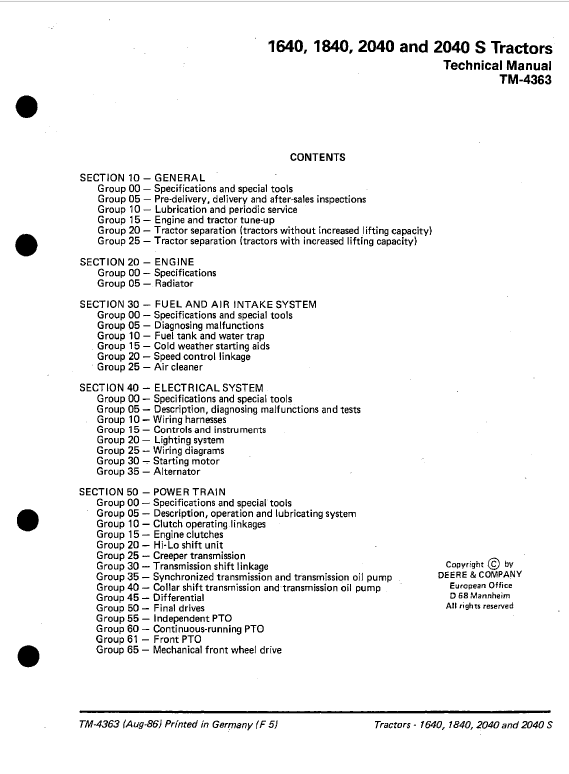 John Deere 1640, 1840, 2040, 2040S Tractors Technical Manual Workshop Guide