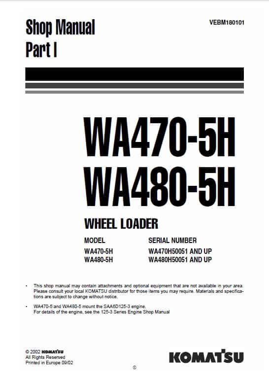 Komatsu WA470-5, WA480-5, WA470-5H, WA480-5H Wheel Loader Service Manual Workshop Guide