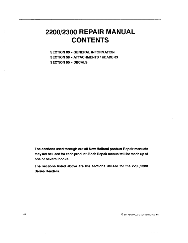 New Holland 2200, 2300 Series Haybine Header Repair Service Manual Workshop Guide