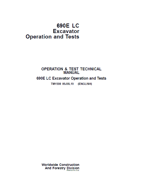 John Deere 690E LC Excavator Repair Technical Manual Workshop Guide