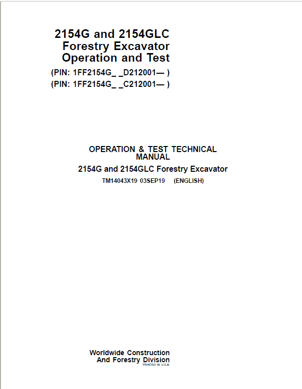 John Deere 2154G, 2154GLC Swing Excavator Repair Manual (S.N C212001 – & D212001 – ) Workshop Guide