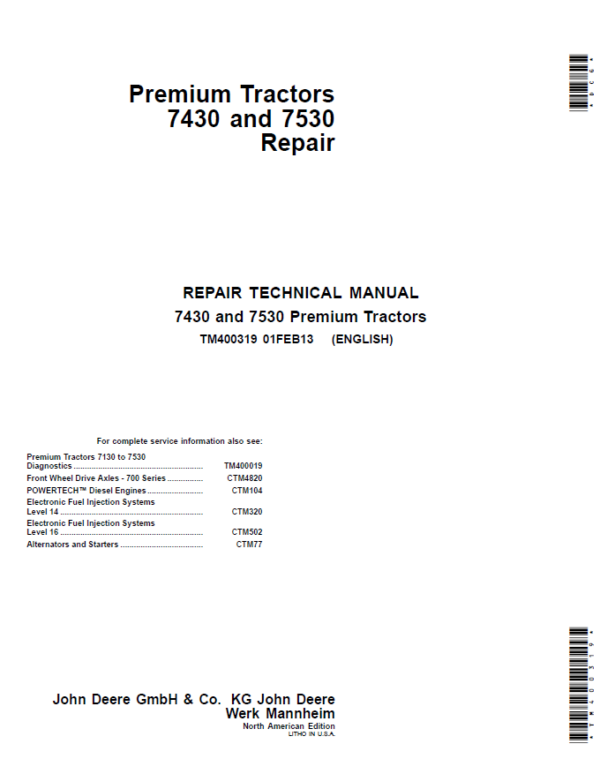 John Deere 7430, 7430 E, 7530, 7530 E (Premium) Tractors Repair Manual Workshop Guide