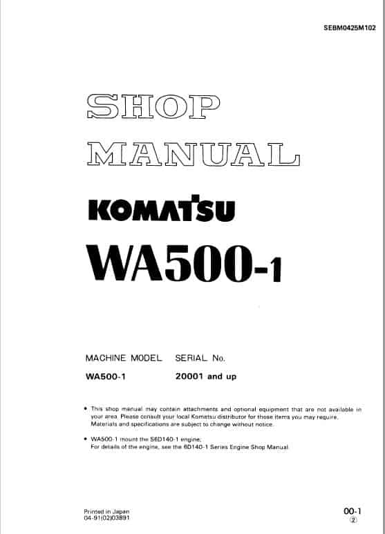Komatsu WA500-1 Wheel Loader Service Manual Workshop Guide