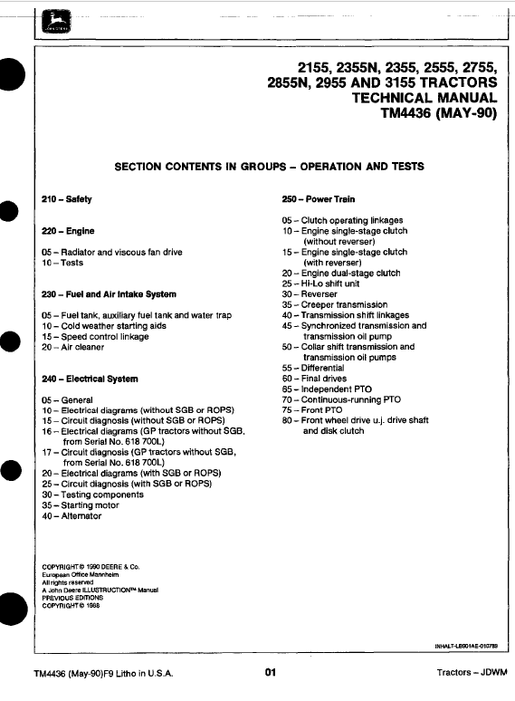 John Deere 2355, 2555, 2755, 2855, 2855N, 2955, 3155 Tractors Repair Manual Workshop Guide