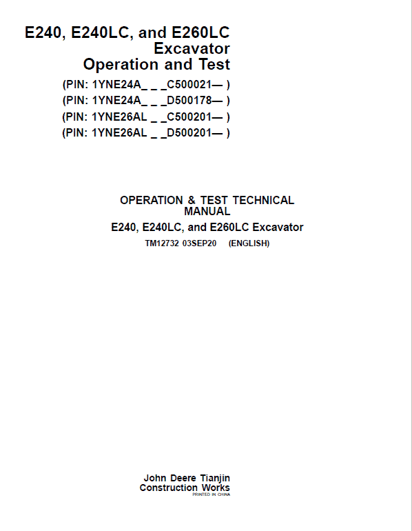 John Deere E240, E240LC, E260LC Excavator Technical Manual (S.N after C500201 & D500201) Workshop Guide